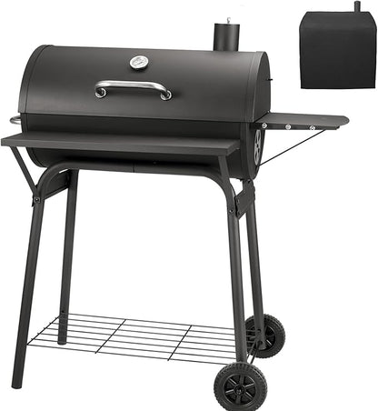 Barrel Charcoal Grill, Large Charcoal Grills with Front and Side Shelf, 627 Square Inches Cooking Grid, Outdoor BBQ Grill, Perfect for Backyard Camping, Patio Parties, and Picnics