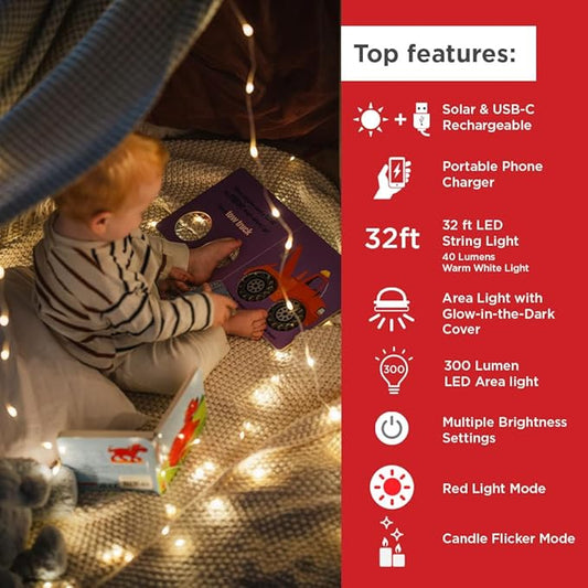 LuminAID Solar String Light with Phone Charger - Rechargeable Tent Lights for Camping - 32 ft String Lights Perfect for Camping, Backyard, Patio, RVs, Outdoor, Power Outages (1 Pack)