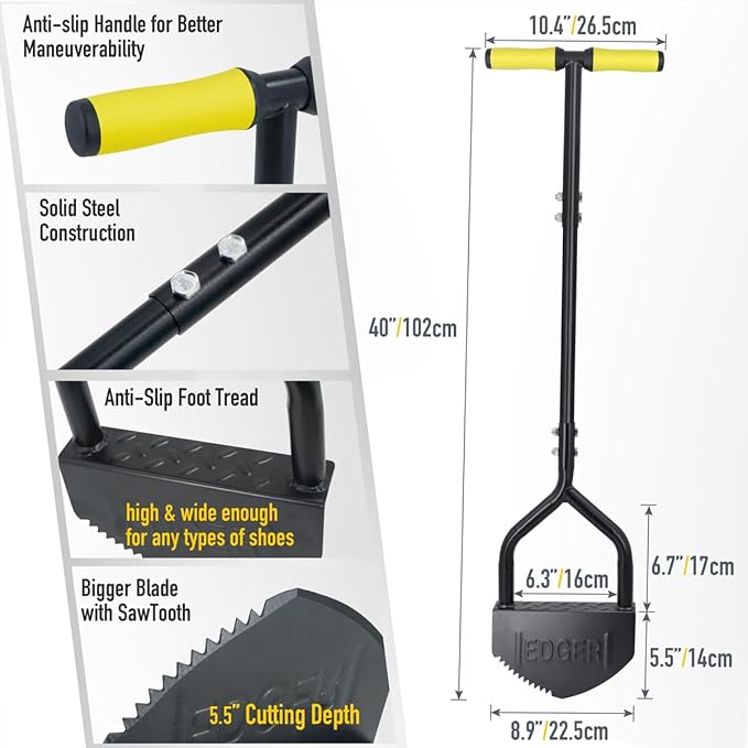 Colwelt Manual Edger Lawn Tool 40-inch, Half Moon Edger Chopper Lawn Tool with V-Shape Serrated Blade, Solid Steel Lawn Edger Tool with Soft T-Grip, Garden Edger for Sidewalk, Grass, Yard, Landscape