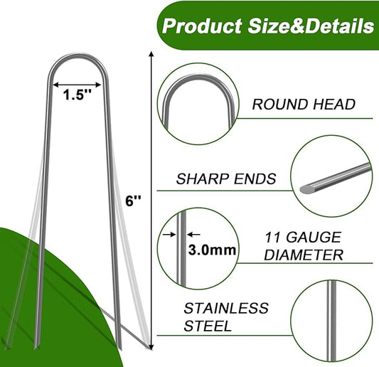 AAGUT Garden Stakes, Yard Landscape Staples Heavy Duty Galvanized 11-Gauge 6 Inch Lawn U Pins for Dog Fence,Tubing Drip Irrigation Hose, Chicken Wire, Weed Barrier Fabric 200 Pack