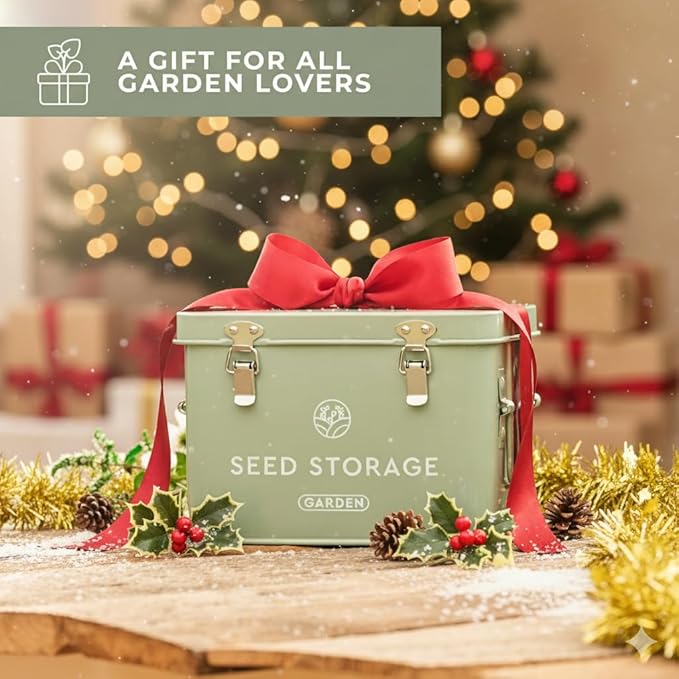 Seed Storage Box – Metal Seed Packet Organizer with Garden String and Bamboo Plant Labels. Seed Container Storage delivering complete Seed Saving Organization for every Garden Lover.