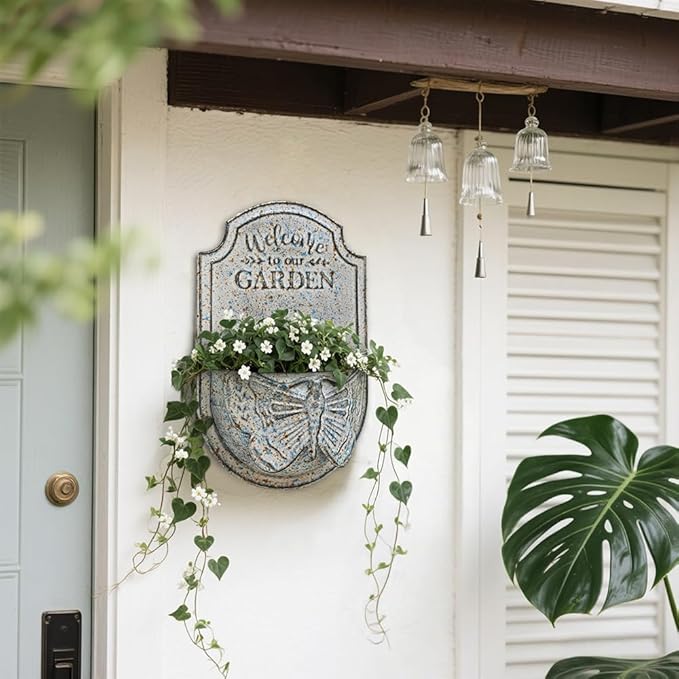 Rustic Metal Wall Planter for Outdoor Vintage Distressed Butterfly Wall Mounted Flower Holder Pot Shabby Blue Iron Plant Basket for Garden Farmhouse Home Balcony Patio Decorative