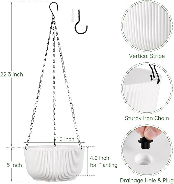 Set of 2 White 10 Inch Hanging Planters for Indoor Outdoor Plants, Self Watering Hanging Flower Pots with Drainage Hole & Plug