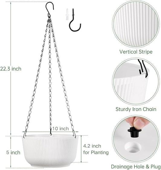 Set of 2 White 10 Inch Hanging Planters for Indoor Outdoor Plants, Self Watering Hanging Flower Pots with Drainage Hole & Plug