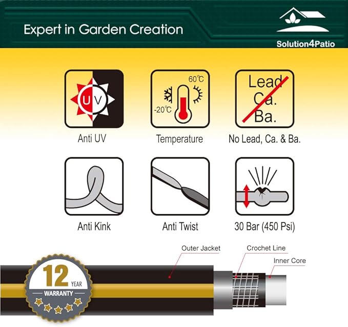 Solution4Patio Lead-in Black Garden Hose 5/8 in. x 25 ft. -Kink Free, No Leaking, Male/Female Fittings -Heavy Duty Durable Flexible Lightweight Water Pipe -Brass Aluminum Ends for Household & Yard
