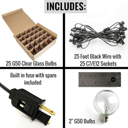 Hometown Evolution, Inc. Outdoor Globe String Lights (25’, G50 Clear - Black Wire - 2" 7-Watt Light Bulbs +1 Free Spare)