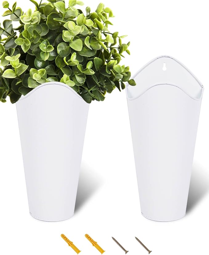 vensovo 12 Inches Galvanized Wall Planters - 2 Packs Metal Tin Vases for Flowers Indoors, Farmhouse Hanging Planter Tall Flower Holder for Country Decor Outdoors, White