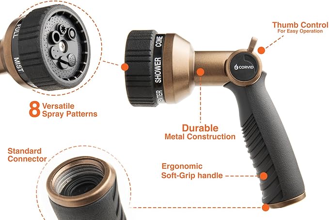 Thumb Control 8-Pattern Garden Hose Nozzle, High-Pressure Adjustable Spray with Ergonomic Soft-Grip Handle and Durable Metal Construction, Ideal for Lawn & Garden, Car Washing