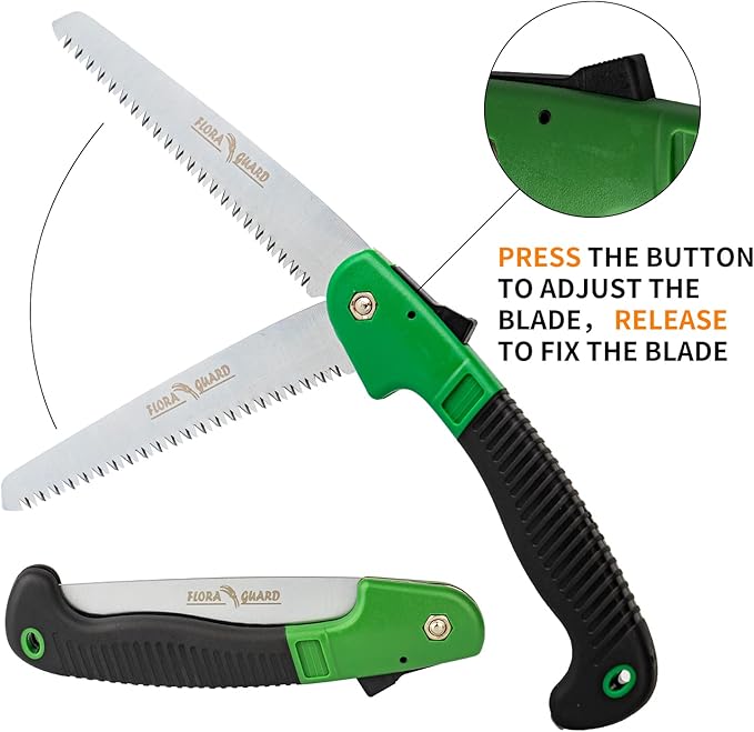 FLORA GUARD 7.7-Inch Folding Hand Saw, Pruning Saw with Trible-Cut Razor Teeth for Wood Cutting, Tree Trimming, Professional Camping Gardening Tools (Green)