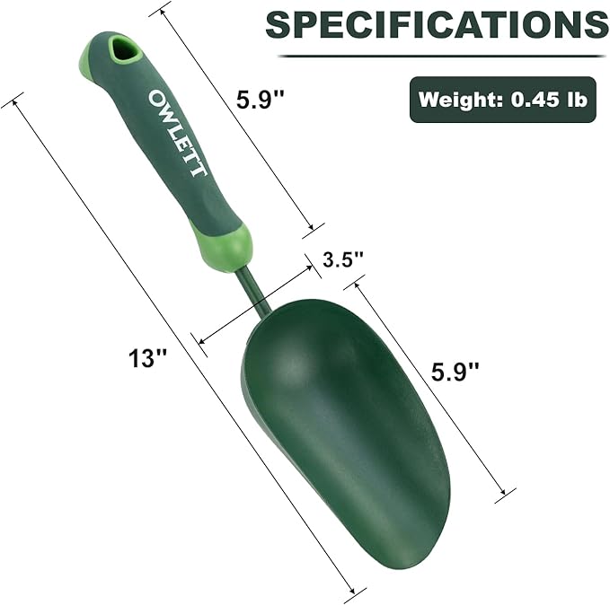 Garden Scoop, 13" Soil Scoop with Ergonomic Rubber Handle, Carbon Steel Potting Shovel Big Volume Gardening Spoon for Transplanting, Digging, Cultivation, Composting, Planting