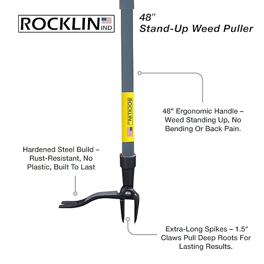 Rocklin™ Stand Up Weed Puller Tool - 4 Claw Steel Head - 48 inch Handle - 100% Metal - Easily Remove Weeds Without Bending or Kneeling WeedPuller