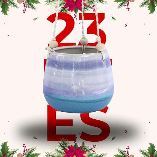 23 Bees Ceramic Hanging Planter | Blue Succulent Pots | Round Plant Holder Container | Cactus Pot with Cotton Rope Hanger | Indoor Outdoor Decor (1 Pack x Blue Horizon)