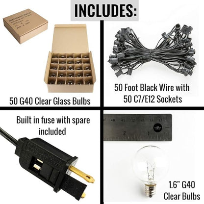 Hometown Evolution, Inc. 50’ G40 Globe Patio String Lights Set with Clear Bulbs and Black Wire (+ 2 Free Spares)