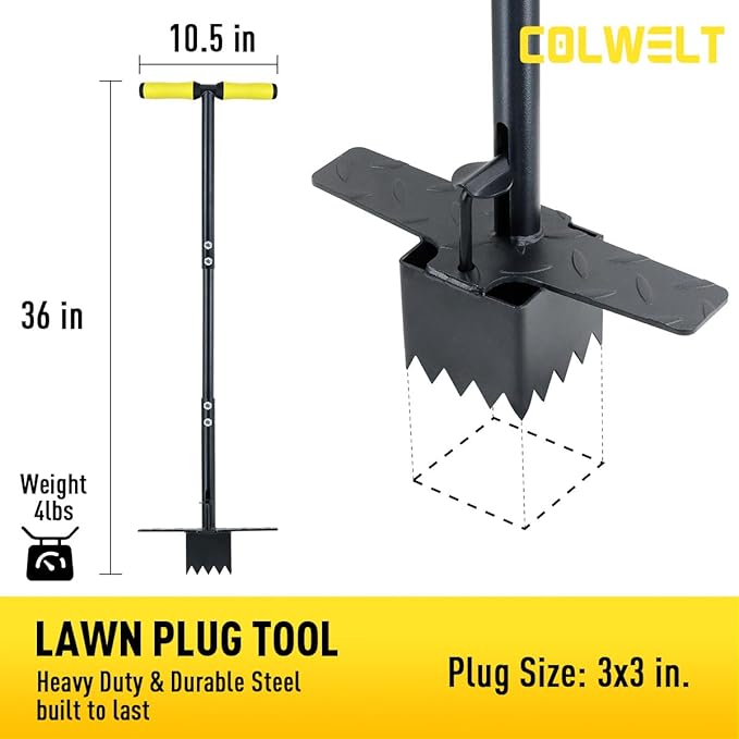 Colwelt Sod Plugger Tool 36-INCH, Grass Plug Tool 3 x 3 Square with Serrated Base, Long Handle Bulb Planter Tool with Dual Pedals & Easy Foot Ejector, Sod Turf Cutter for Lawn Planting Grass Repair