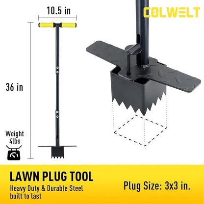 Colwelt Sod Plugger Tool 36-INCH, Grass Plug Tool 3 x 3 Square with Serrated Base, Long Handle Bulb Planter Tool with Dual Pedals & Easy Foot Ejector, Sod Turf Cutter for Lawn Planting Grass Repair