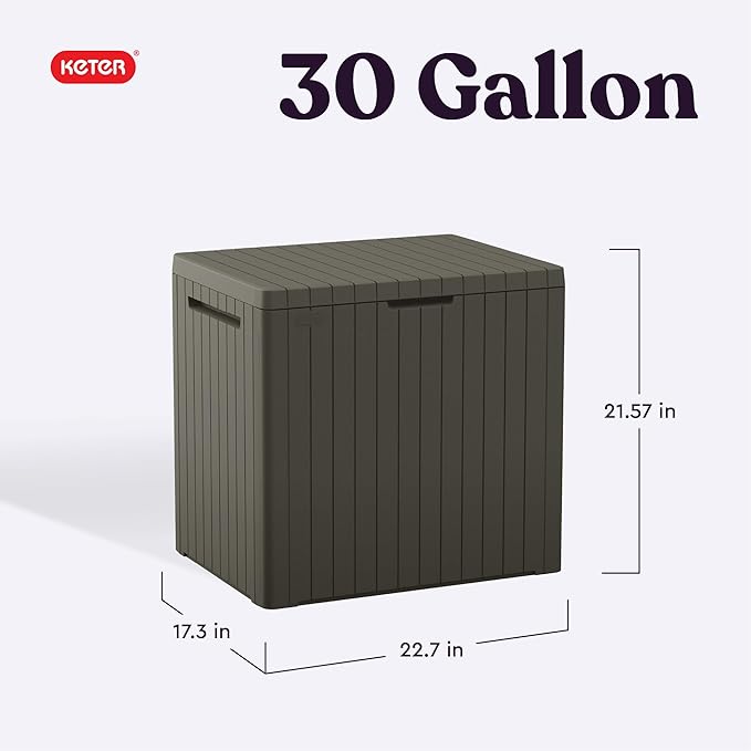 Keter City 30 Gallon Resin Outdoor Storage Box and Patio Furniture Side Table for Pool and Garden Accessories, Taupe