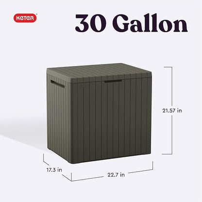 Keter City 30 Gallon Resin Outdoor Storage Box and Patio Furniture Side Table for Pool and Garden Accessories, Taupe