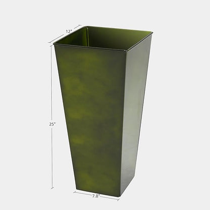 KOL Galvanized Steel Planter 25''H. with Saucer, Bright Glazed Planter with Drainage Hole, Set of 2, Tall Pots for Indoor & Outdoor Use, Decorative Flower Plant Pots for Porch, Patio, Deck - Green