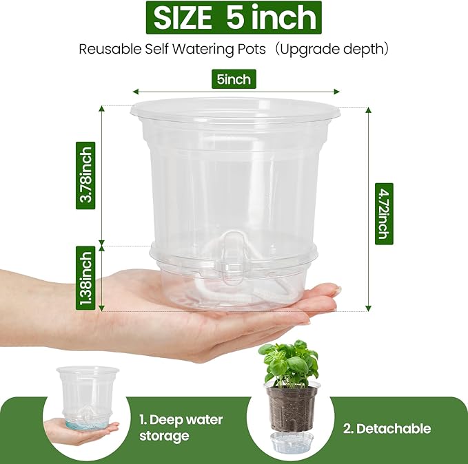 MIXC 12 Packs 5 Inch Self Watering Pots for Indoor Plants - Clear Nursery Plant Pots with Drainage, Deep Visible Reservoir - Flower Planter Outdoor with Wicking Rope