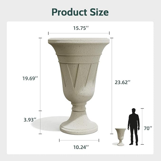 23.6" Tall Plastic Urn Planters for Outdoor Plants, Set of 2 Heavy-Duty Classic Indoor Large Flower Pots with Drainage Holes & Trophy Design, Outdoor Planters for Porch, Home Garden, White