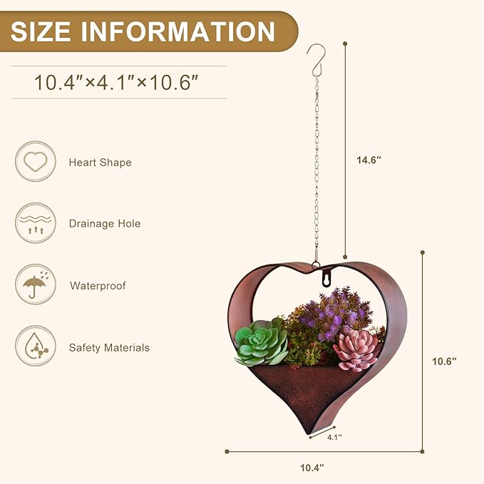 Metal Hanging Planters for Indoor & Outdoor Plants - Heart Shaped Planters for Wall or Window,Garden Patio or Indoor Decor for Women(Cooper)
