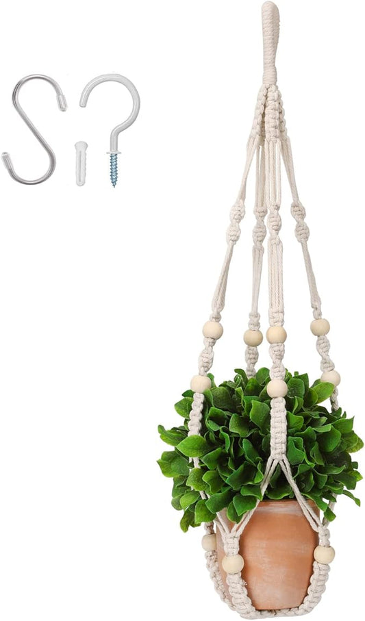 Macrame Plant Hanger 35", No Tassel Hanging Plant Holder, Sturdy Flower Pot Holder with 2 Hooks - Ivory