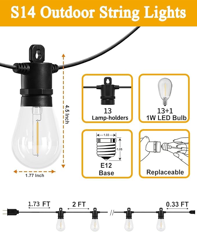 String Lights for Outside Patio 26FT IP65 Waterproof Outdoor String Lights Led with 13+1 S14 1W Shatterproof Bulbs for Patio Bistro Backyard Pergola Balcony Garden