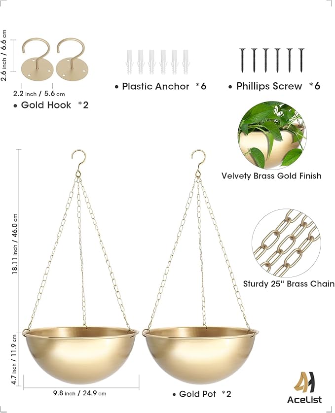 AceList 2 Pack Gold Hanging Planter for Indoor Plants - 9.8 Inch Boho Metal Plant Hanger Indoor with Hooks, Hanging Plant Holder for Window and Ceiling