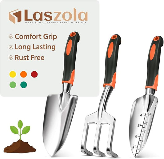 LASZOLA 3 Piece Garden Tool Set Include Hand Trowel Rake and Transplant Shovel for Women, Indoor Heavy Duty Small Spade Kit with Ergonomic Handle to Weed and Loosen, for Mom and Plant Beginner, Orange