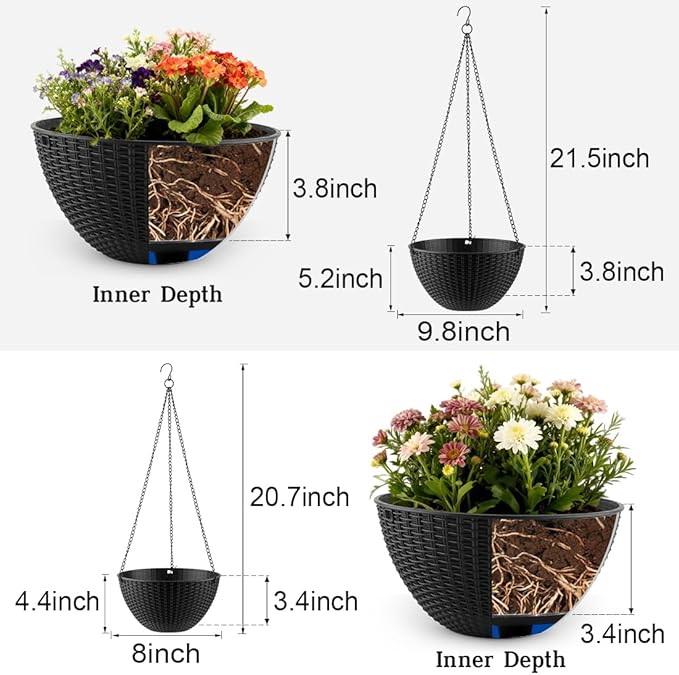 Hanging Planters for Indoor Outdoor Plants 8 and 10 Inch, 4 Packs Hanging Flower Pot with Drainage Holes, Self-Watering Hanging Basket Perfect for Home, Office and Garden, Black