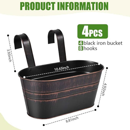 OBTANIM 4 Pack Metal Hanging Flower Pots Iron Railing Planter Outdoor Fence Hanging Pots Bucket Plant Holder with Detachable Hooks Drain Holes for Home Garden Yard Decor (Black)