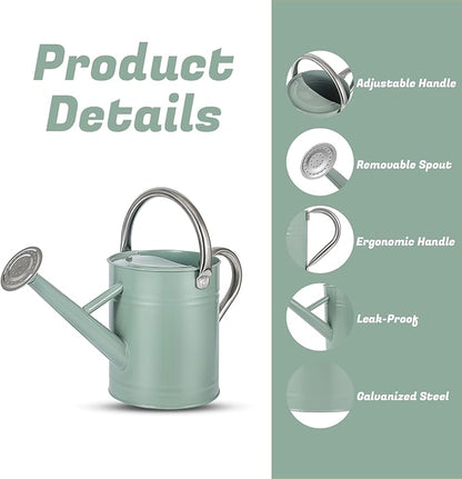 1 Gallon Watering Can for Plants, Watering Cans for Indoor&Outdoor Gardening, Galvanized Steel Watering Pot with Removable Spout, Metal Water Can with Ergonomic Movable Handle(Cream Green)