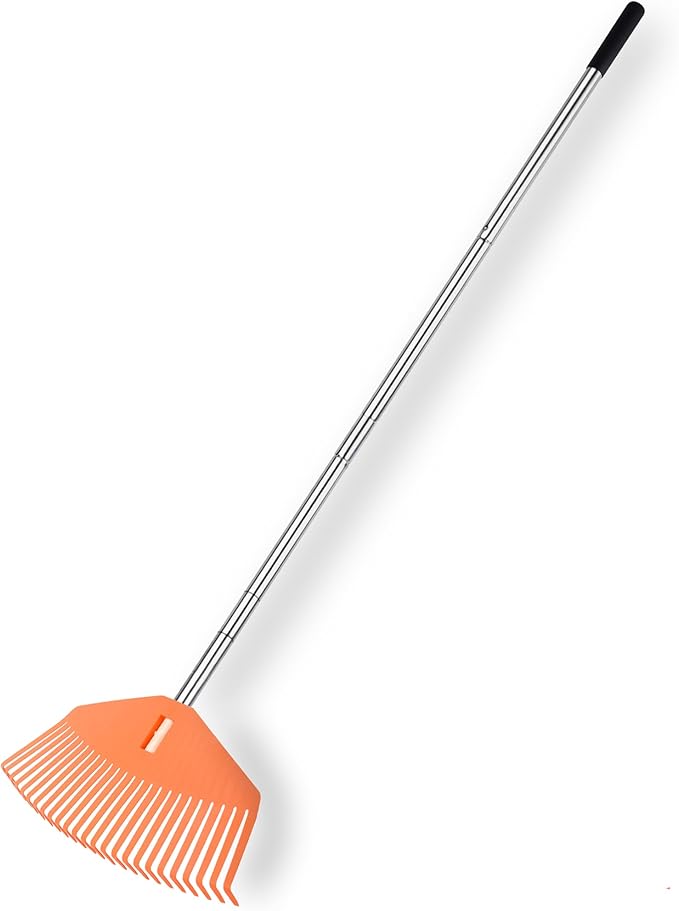 Leaf Rake16.5 Wide Adjustable Handle Leaf Rake - Plastic Head, Lightweight, Soft & Lawn-Friendly - Ideal for Women & Kids - Orange