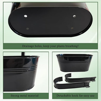 4 Pack Metal Hanging Planter for Outdoor Plants, 10 Inch Black Fence Planters Railing Pots for Garden Patio Balcony Decor, Flower Bucket with Detachable Hooks (Black, 4Pcs)