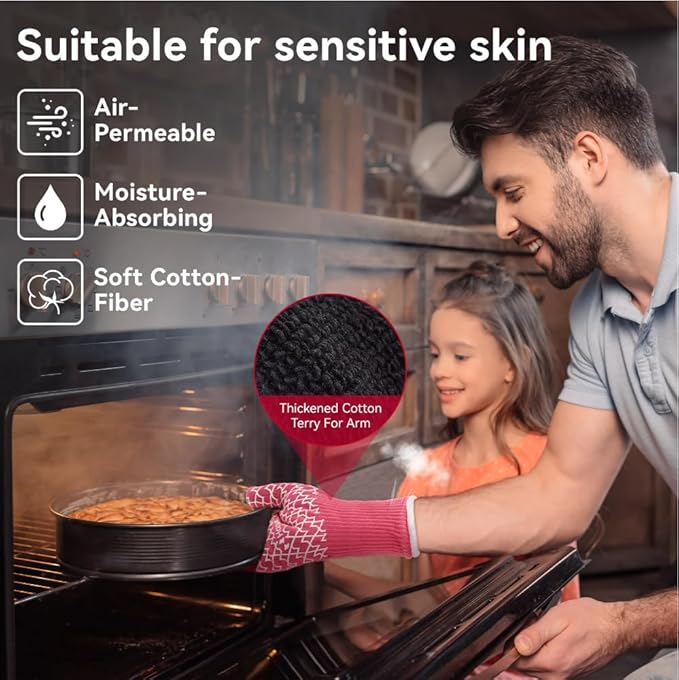 HandLove BBQ Gloves, Oven Gloves with Fingers – Heat Resistant Gloves for Grilling | Silicone Grip, Long Cuff Mitts - Kitchen & Outdoor Barbecue, Cooking, Baking, Pink L