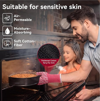 HandLove BBQ Gloves, Oven Gloves with Fingers – Heat Resistant Gloves for Grilling | Silicone Grip, Long Cuff Mitts - Kitchen & Outdoor Barbecue, Cooking, Baking, Pink L