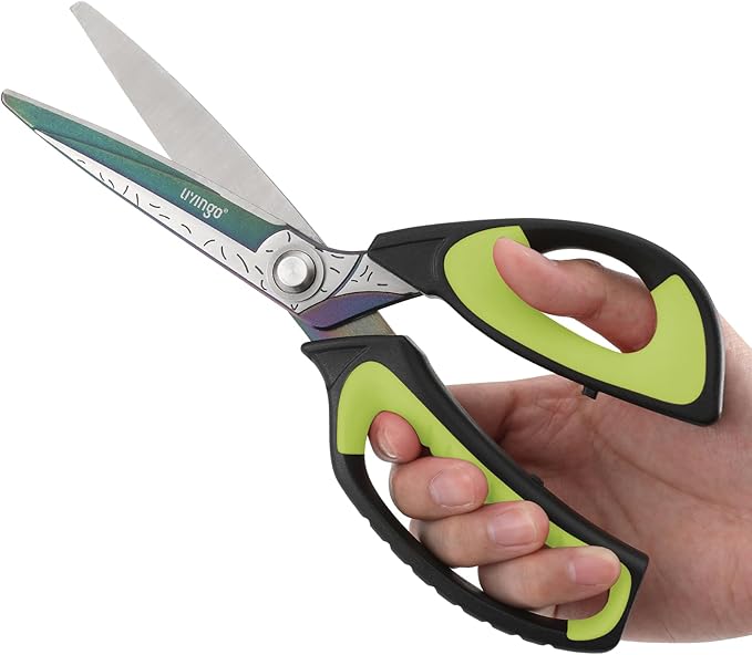 LIVINGO Heavy Duty Industrial Scissors: 10" Utility Stainless Steel Sharp Scissors all Purpose Premium Titanium Coating Forged Shop Shears for Household Pruning, Gardening, Construction, Green/Black