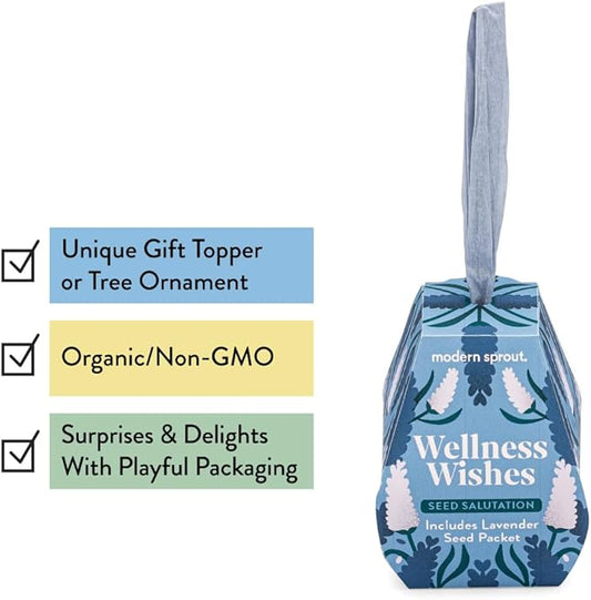 Modern Sprout Seed Salutations - Garden Seed Packet Gift Tag/Ornament - Non-GMO Lavender Seeds for Planting Indoor & Outdoor- Unique Gardening Gifts for baby shower, birthdays-12 Pack(Wellness Wishes)