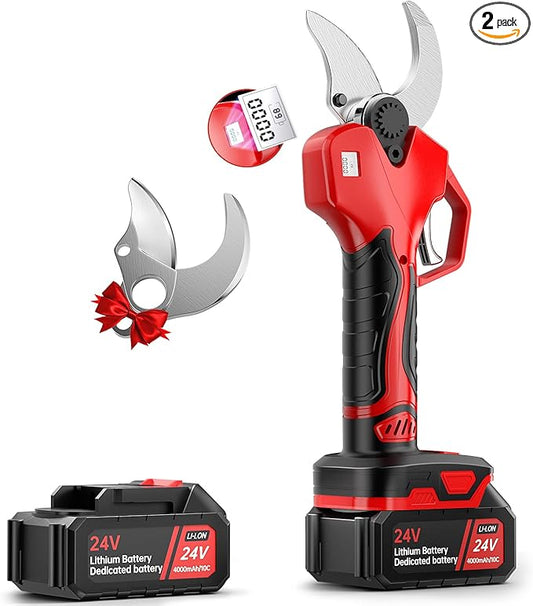 Professional Cordless Electric Pruning Shears, Cutting (40MM)1.6inch Diameter Professional Heavy Duty Garden Pruner,2pcs 4AH Rechargeable 24V Lithium Battery -2 Set Blades