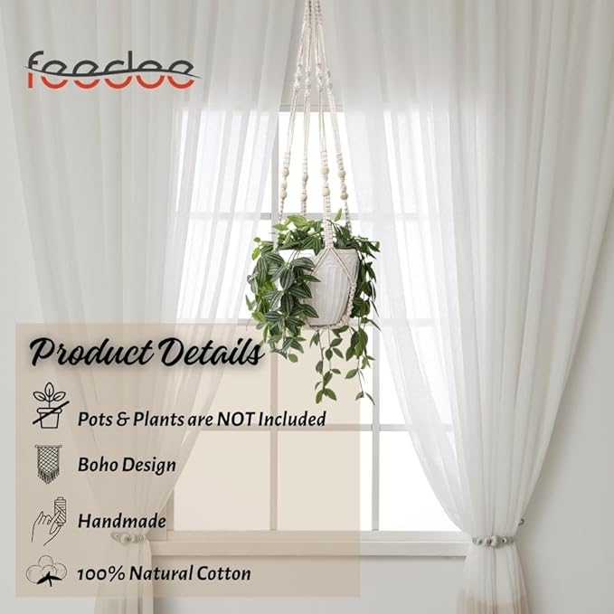 3 Pack Macrame Plant Hanger, Hanging Planters for Indoor Plants Holder With Wood Beads, No Tassels Hanging Plant Holder 3 Hooks, Different Size Boho Plant Hanger, Home Decor, Ivory (POTS NOT INCLUDED)