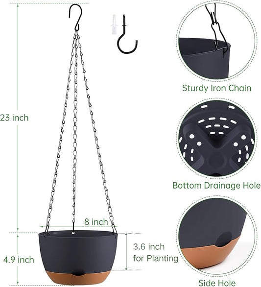 Set of 2 8 Inch Self Watering Hanging Planters for Indoor Outdoor Plants, Color Blocking Hanging Baskets Flower Pots with Drainage Hole & Removable Water-Storage Tray