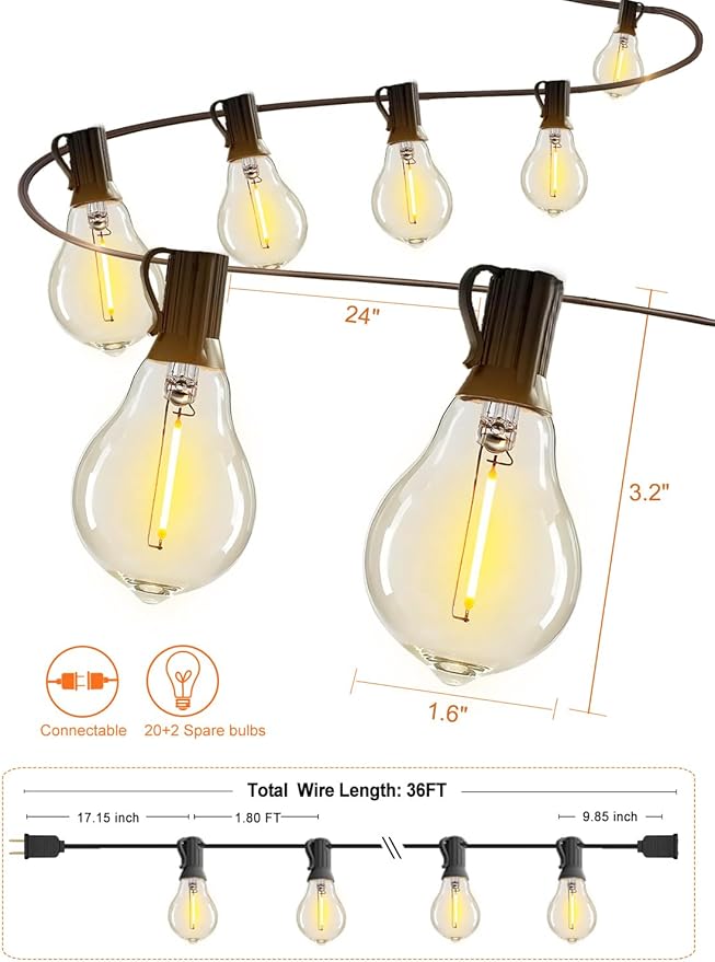 DAMAING LED String Lights Outside 36FT Weatherproof Patio Lights with 22 shatterproof dimmable Bulbs 2200K, Energy Saving Outdoor Lighting for Wedding,Party,Holiday,Backyard,2200K Black Cord.