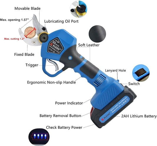 Professional Cordless Electric Pruning Shears with 2 PCS Backup Rechargeable 2Ah Lithium Battery Powered Tree Branch Pruner, 30mm (1.2 Inch) Cutting Diameter, 6-8 Working Hours