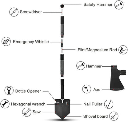 iunio Camping Shovel,Shovel Folding, Portable, Multitool, Foldable Entrenching Tool, Collapsible Spade, for Backpacking, Trenching, Hiking, Survival, Car Emergency