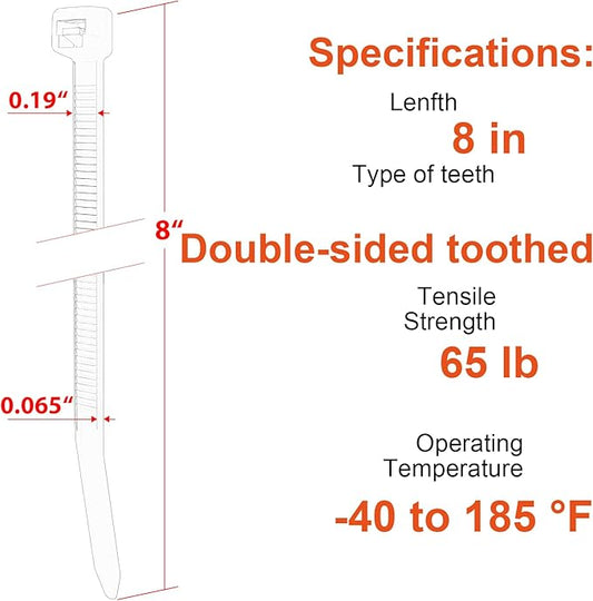 8 Inch Zip Ties Double Sided Toothed (Bulk 1000 Pack Black),65lbs Tensile Strength Heavy Duty Cable Wire Ties with Self-Locking Adjustable Nylon Tie Wraps for Indoor Outdoor (Patented Design)