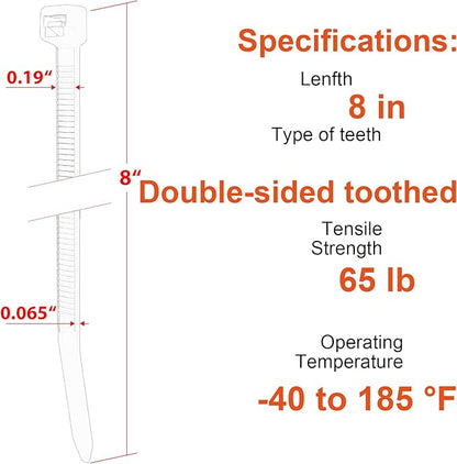 8 Inch Zip Ties Double Sided Toothed (Bulk 2X1000 Pack Black),65lbs Tensile Strength Heavy Duty Cable Wire Ties with Self-Locking Adjustable Nylon Tie Wraps for Indoor Outdoor (Patented Design)