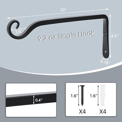Gtongoko 2 Pack 10 Inch Metal Plant Hangers Wall Hooks for Hanging Plant Brackets, Outdoor Hooks for Hanging Bird Feeders, Flower Baskets, Lanterns, Wind Chinme, Solar Lamps