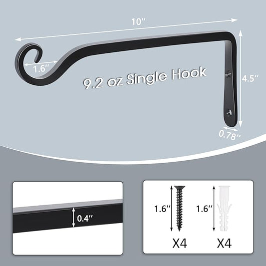 Gtongoko 2 Pack 10 Inch Metal Plant Hangers Wall Hooks for Hanging Plant Brackets, Outdoor Hooks for Hanging Bird Feeders, Flower Baskets, Lanterns, Wind Chinme, Solar Lamps