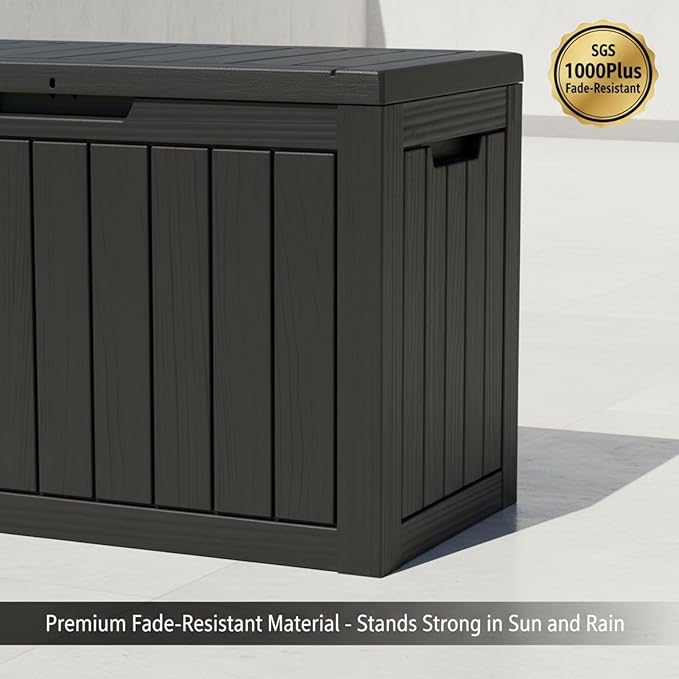 80 Gallon Resin Deck Box, Outdoor Storage Container for Patio Furniture Cushions, Garden Tools, Pool Accessories & Yard Equipment - All-Weather, Lockable, Wood Grain Design