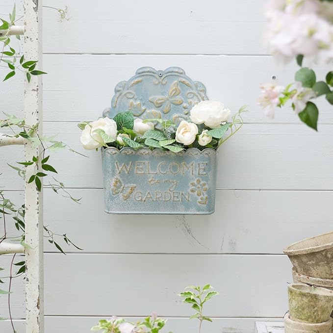 Decorative Hanging Wall Basket Shabby Chic Wall Planter for Indoor Planters Decor Blue Wall Planter Holder Metal Hanging Planter Wall Mounted Planter for Farmhouse Garden Wall Decor
